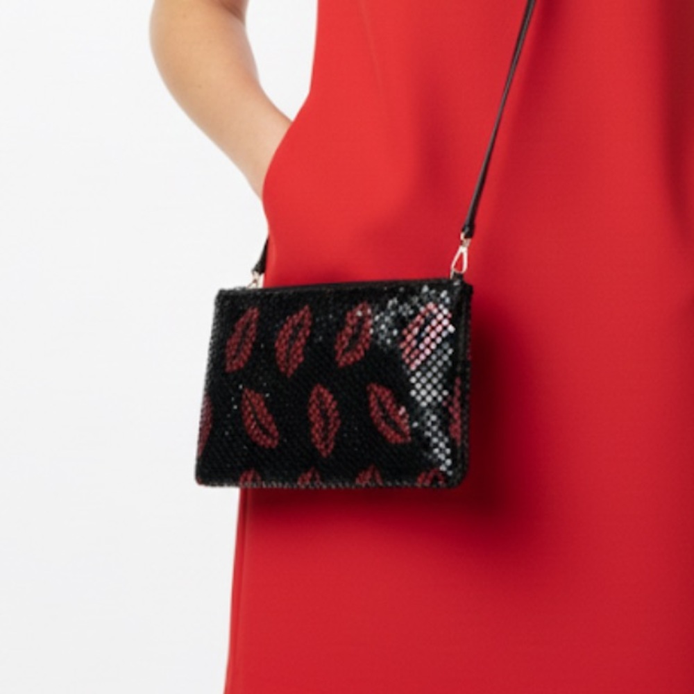 Black and Red Lip Pattern Clutch with Crossbody Chain